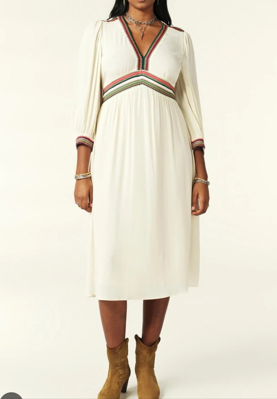 ba&sh Cream Midi Skirt with Multicolor Trim